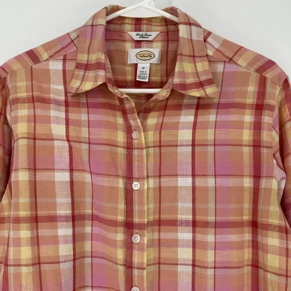 Talbots Shirt Womens Medium Plaid Irish Linen Blend 3/4 Sleeve Button Up Blouse - Picture 2 of 11